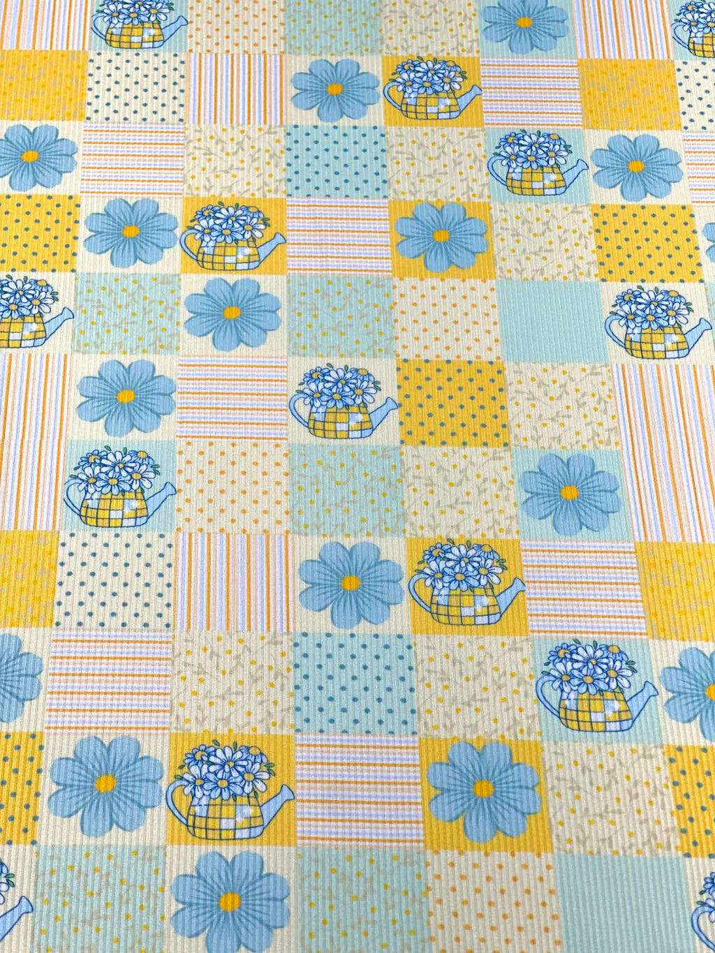 (2X2 RIB) BLUE AND YELLOW FLOWERS, POLKA DOTS AND STRIPES PATTERN