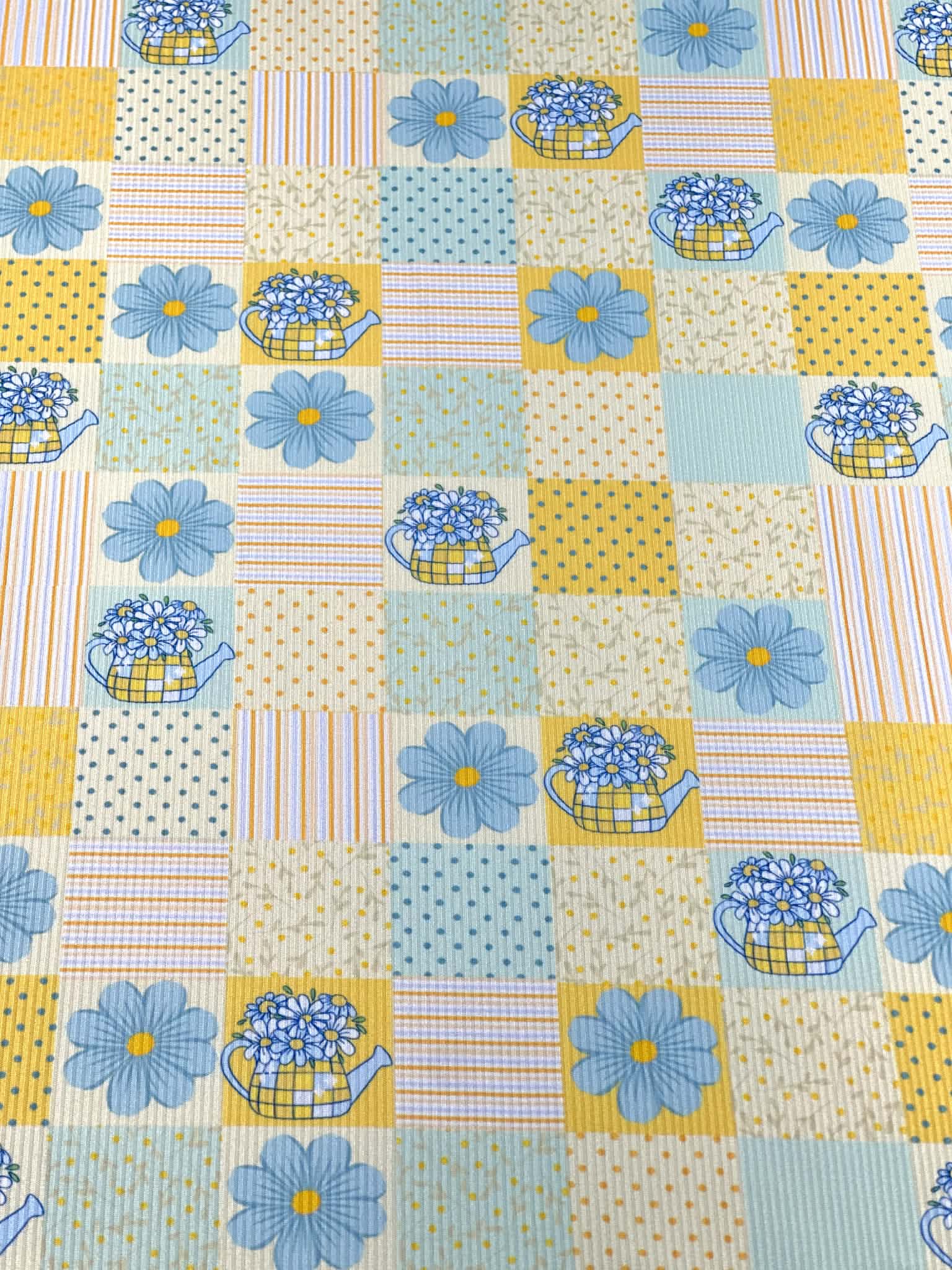 (2X2 RIB) BLUE AND YELLOW FLOWERS, POLKA DOTS AND STRIPES PATTERN