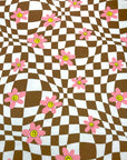 (DBP) PINK, YELLOW HAPPY FACE FLOWERS ON BROWN CHECKERED WAVE