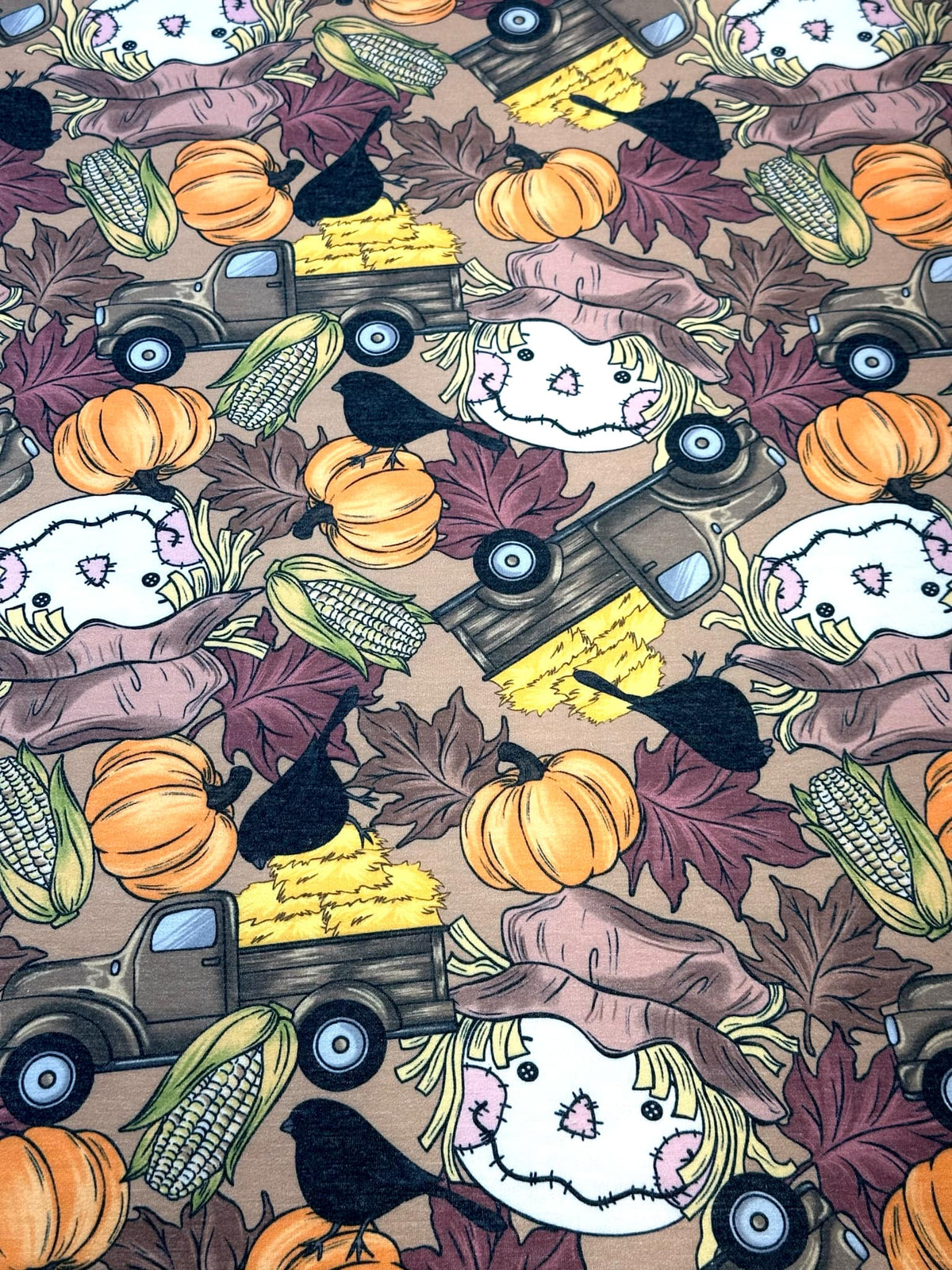 (FRENCH TERRY) BIG HAY TRUCKS, SCARECROWS & BLACK CROWS ON COFFEE
