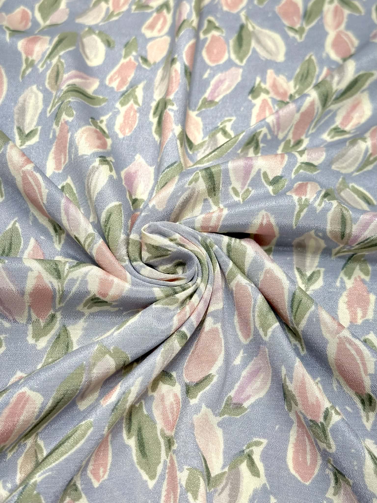(WOVEN) PINK AND PURPLE TULIPS ON VINTAGE BLUE