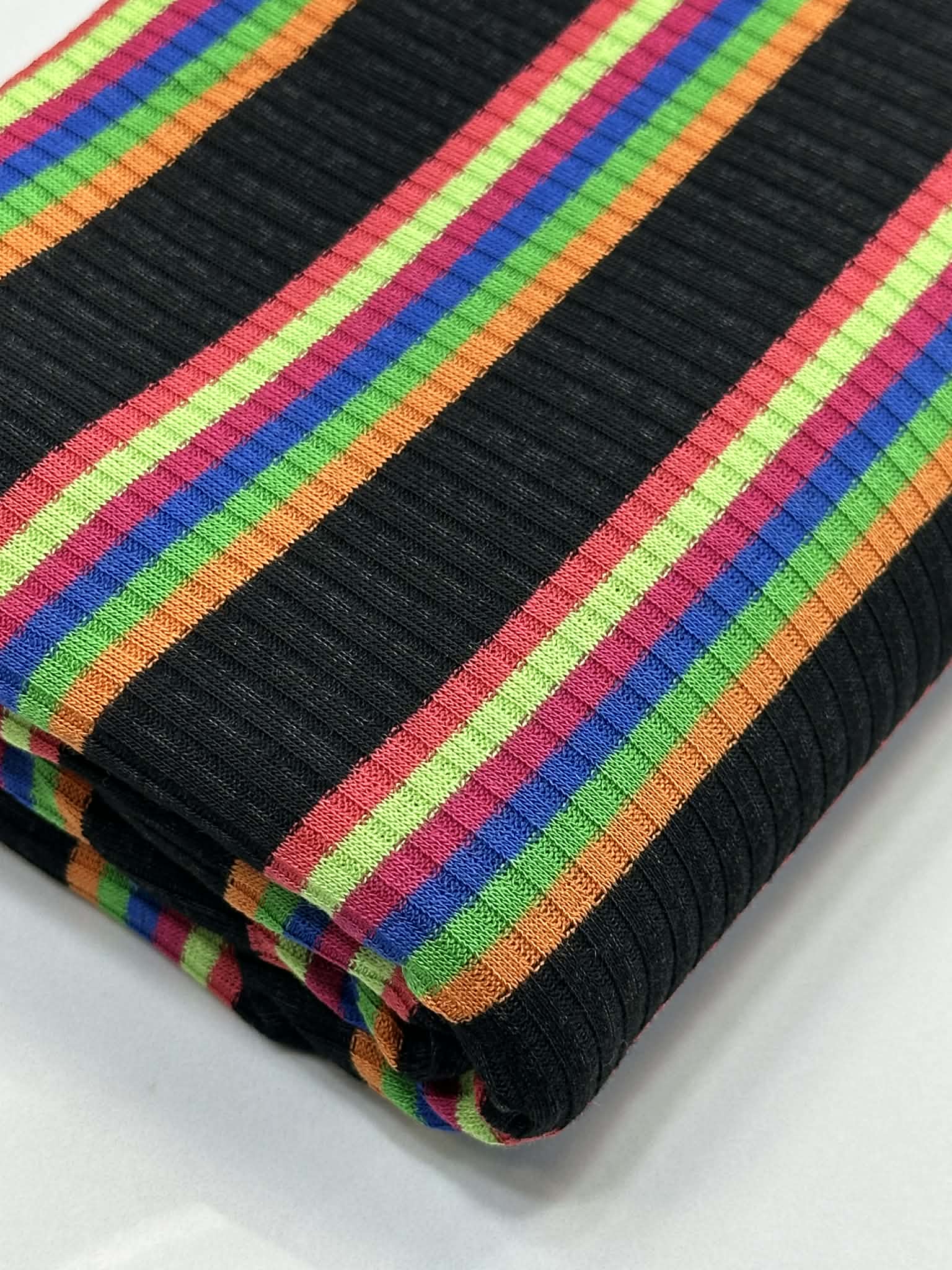 (RIB) RED, LIME, BLUE, GREEN, AND ORANGE STRIPES ON BLACK