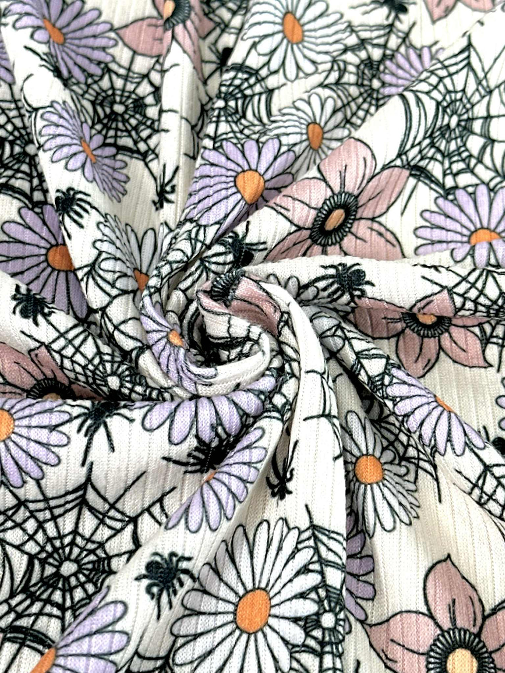 (4X2 RIB) SPIDERWEBS, FLOWERS, AND SPIDERS ON LIGHT CREAM