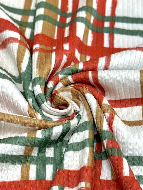 (4X2 RIB) CAMEL, RED, AND GREEN PLAID ON IVORY