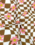 (DBP) PINK, YELLOW HAPPY FACE FLOWERS ON BROWN CHECKERED WAVE