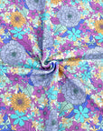 (THERMAL) PURPLE, AQUA BLUE AND MUSTARD YELLOW FLOWERS ON OFF WHITE