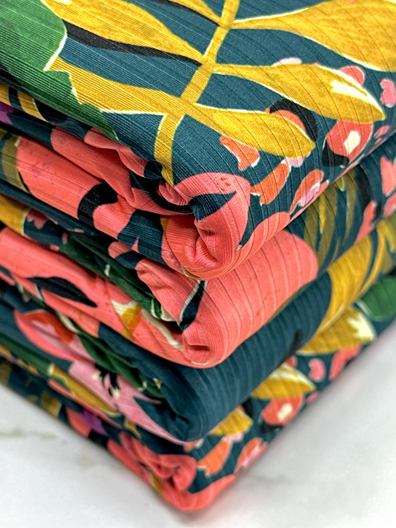 (NYLON RIB) FLORAL PATTERN ON DEEP TEAL