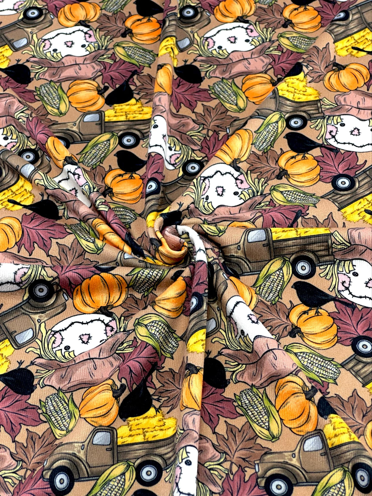(SWEATER KNIT/OAKLEY) SMALL HAY TRUCKS, SCARECROWS & BLACK CROWS ON COFFEE (1)