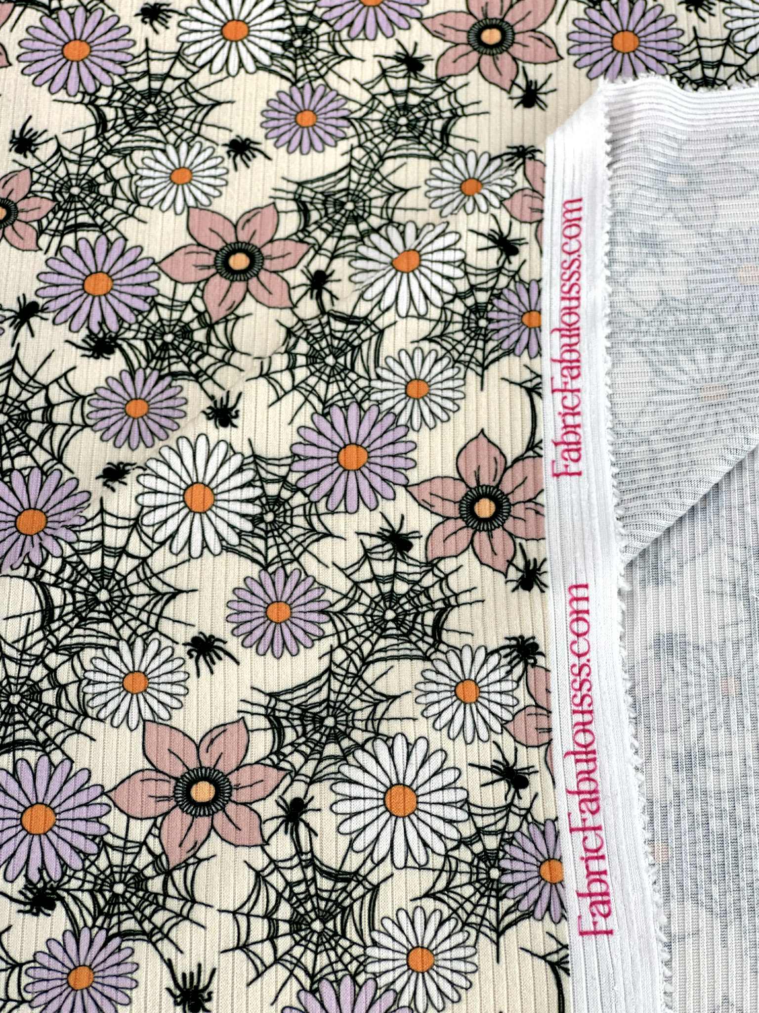 (4X2 RIB) SPIDERWEBS, FLOWERS, AND SPIDERS ON LIGHT CREAM