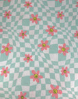 (FRENCH TERRY) LIGHT AQUA CHECKERED WAVE AND PINK HAPPY FACE FLOWERS