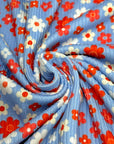 (2X2 YUMMY RIB) RED, DARK CORAL AND OFF WHITE TINY FLOWERS ON BLUE