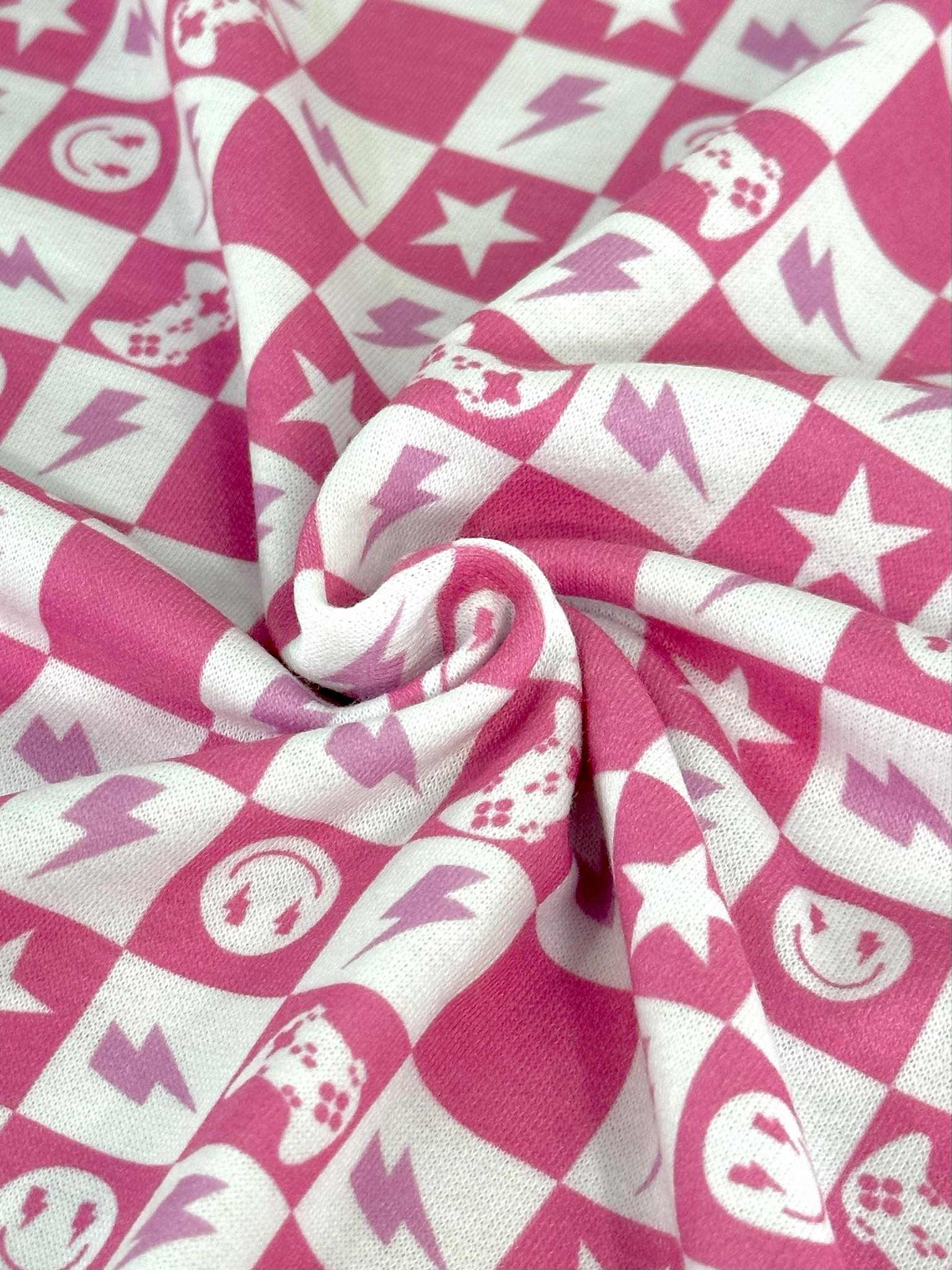 (FRENCH TERRY) PINK GAMER AND HAPPY FACES CHECKERED PRINT (1)