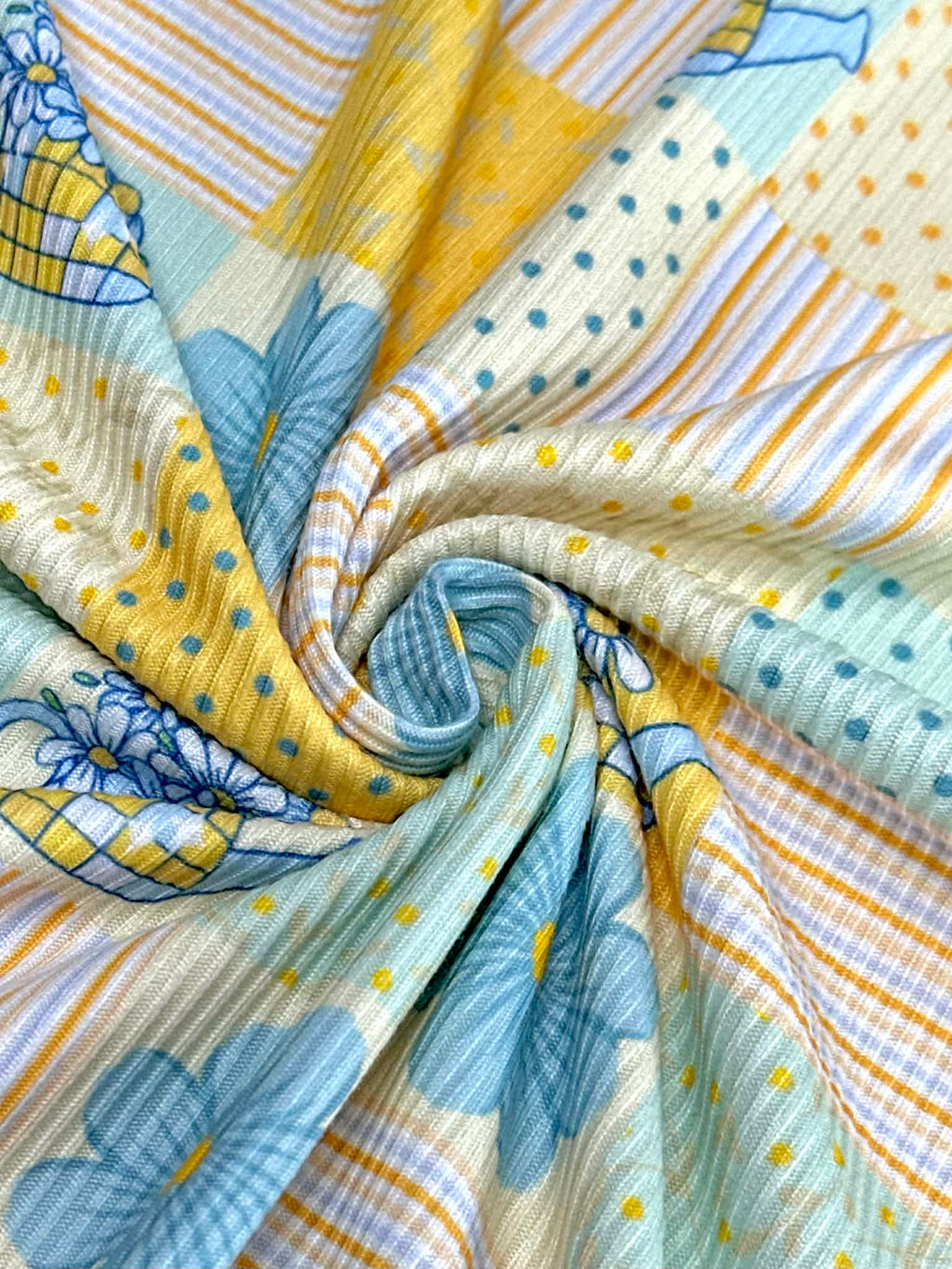 (2X2 RIB) BLUE AND YELLOW FLOWERS, POLKA DOTS AND STRIPES PATTERN