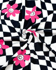 (YUMMY RIB) PINK, WHITE HAPPY FACE FLOWERS ON BLACK CHECKERED WAVE