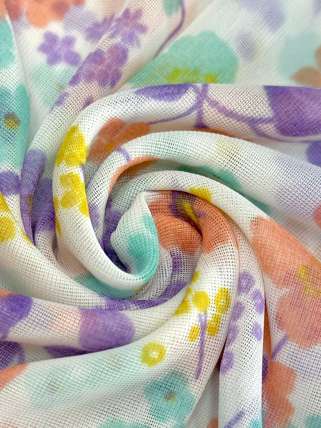 (MESH) MINT, LAVENDER , PEACH, AND YELLOW FLOWERS ON OFF WHITE