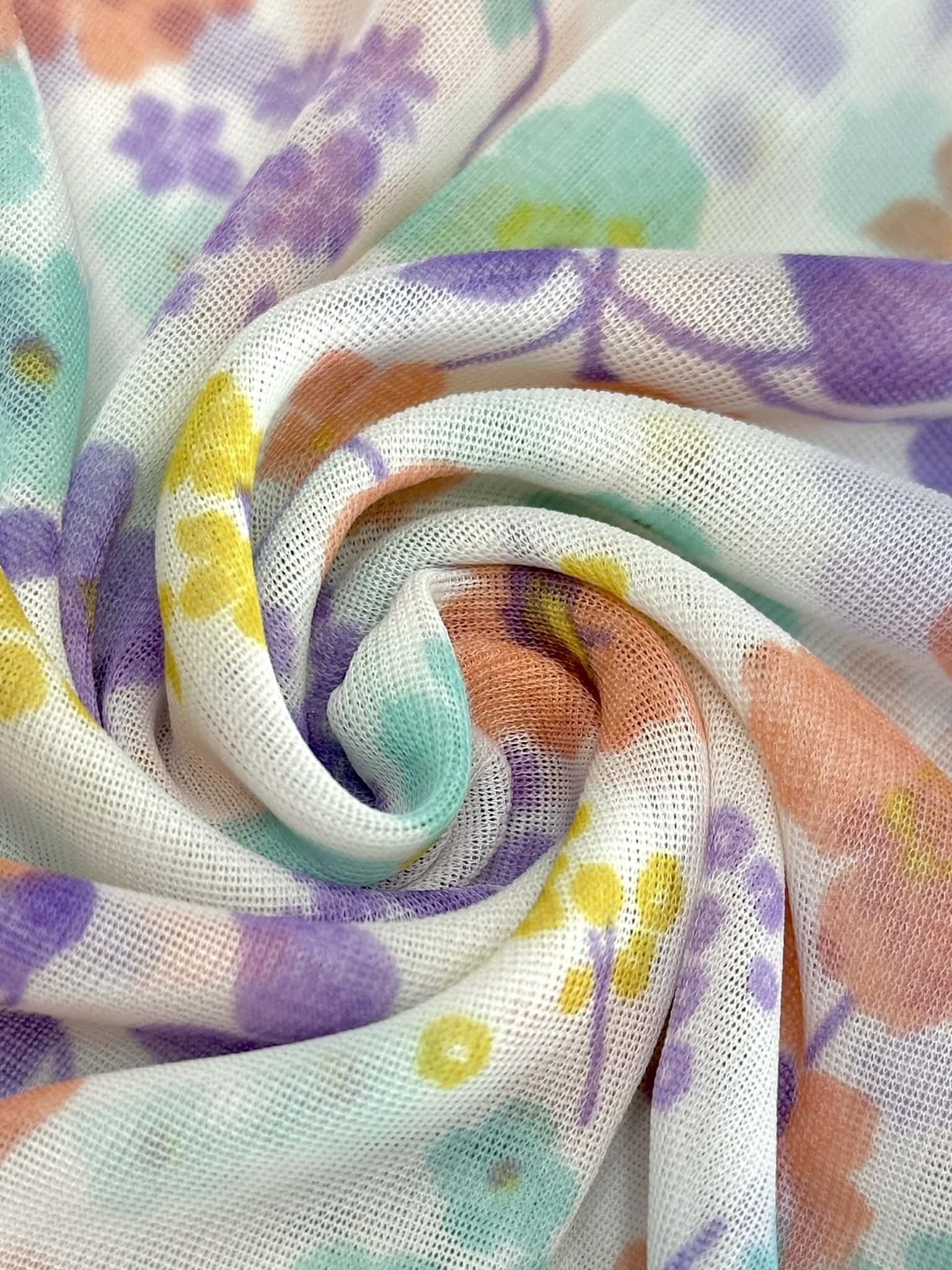 (MESH) MINT, LAVENDER , PEACH, AND YELLOW FLOWERS ON OFF WHITE