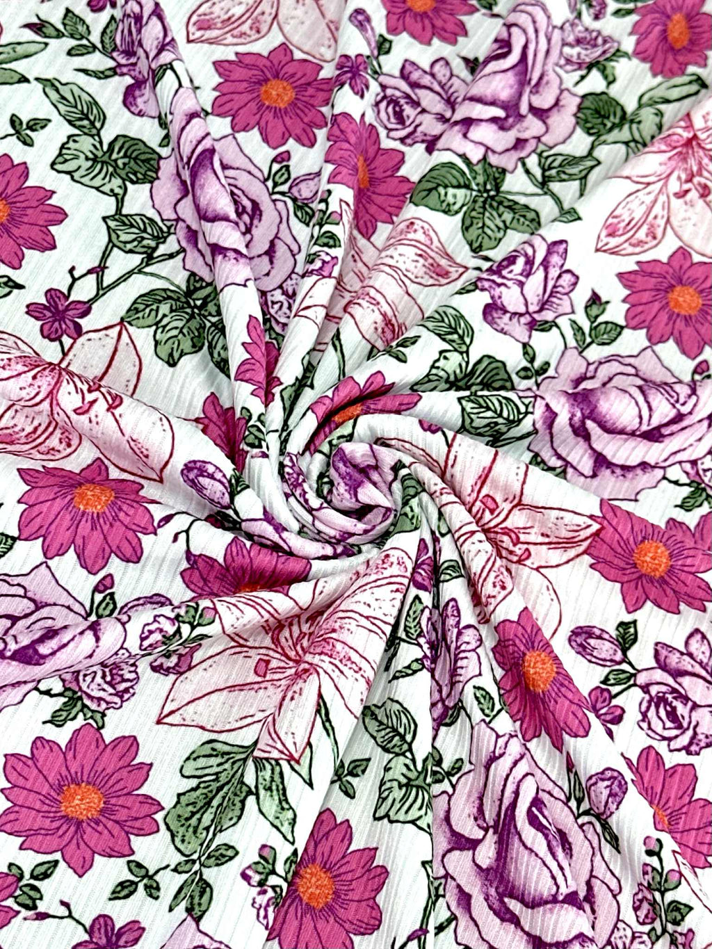 (4X2 RIB) MAGENTA AND PINK HATTIE FLOWERS ON OFF WHITE