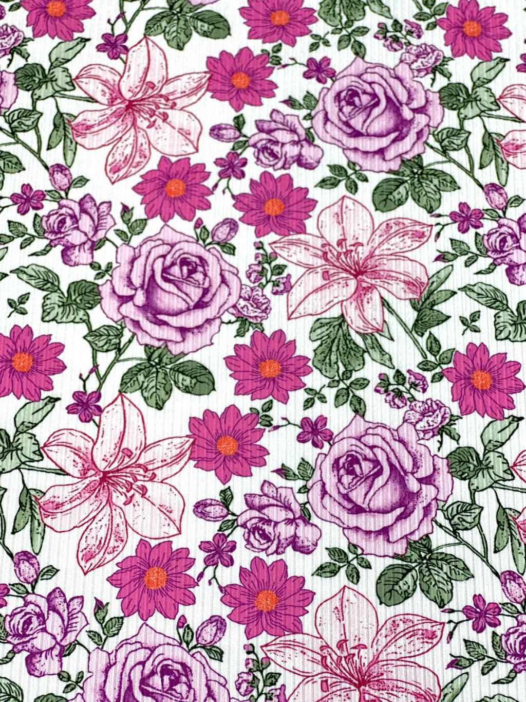 (4X2 RIB) MAGENTA AND PINK HATTIE FLOWERS ON OFF WHITE