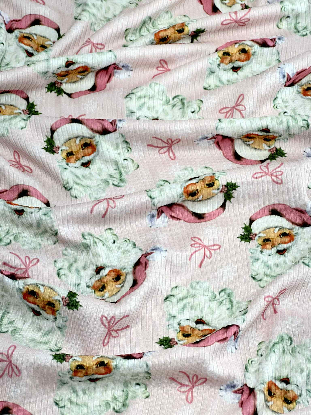 (4X2 RIB) PINK SANTA CLAUS AND TINY BOWS ON LIGHT PINK