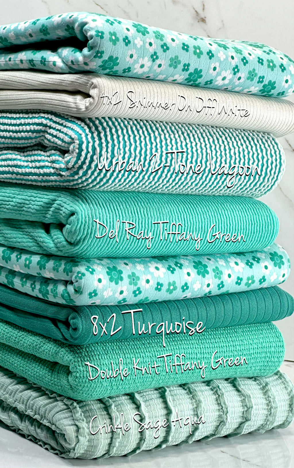(POINTELLE RIB) TURQUOISE AND OFF WHITE TINY FLOWERS ON AQUA(2)