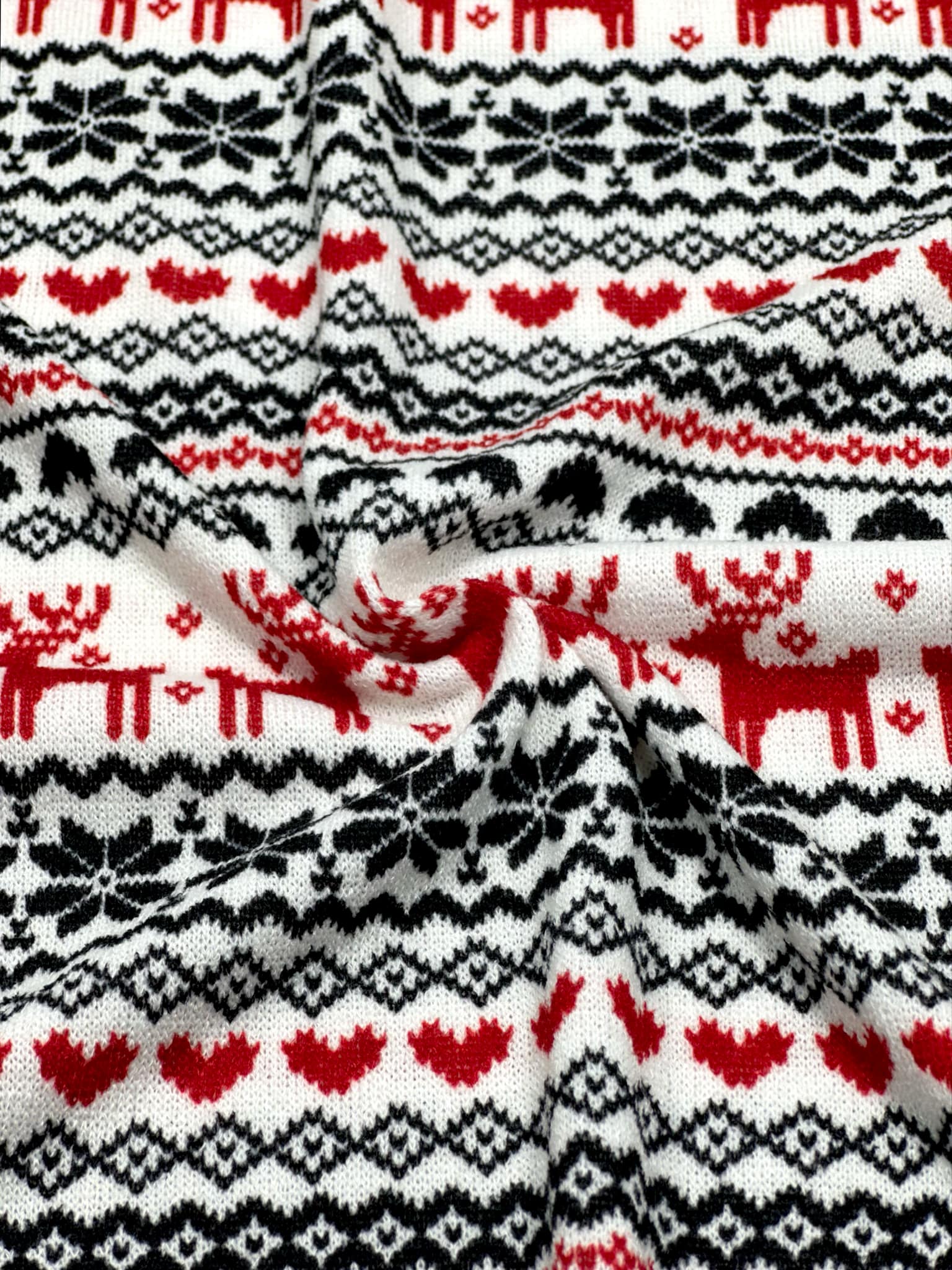 (SWEATER KNIT) RED REINDEER'S AND RED/ BLACK HEARTS ON OFF WHITE