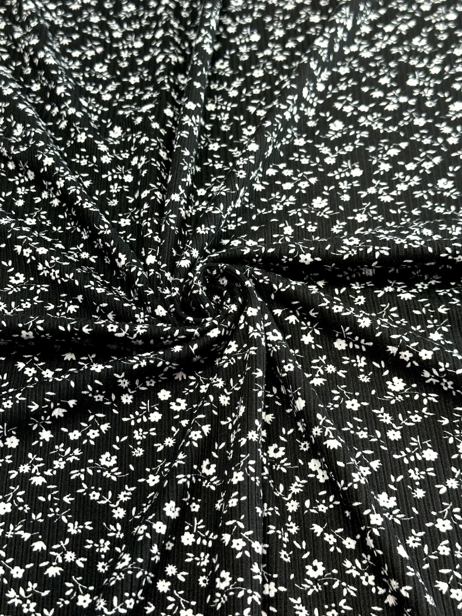 (4X2 YUMMY RIB) TINY WHITE FLOWERS ON BLACK