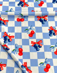 (2X2 YUMMY RIB) CHERRIES AND BLUEBERRIES WITH BOWS ON BLUE AND OFF WHITE CHECKERED
