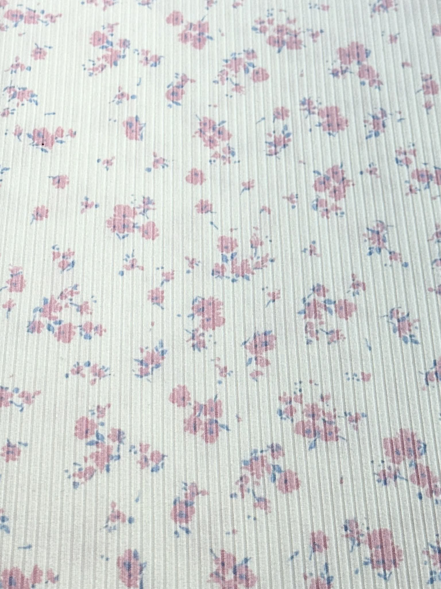 (4X2 YUMMY RIB) PINK AND BLUE TINY FLOWERS ON OFF WHITE