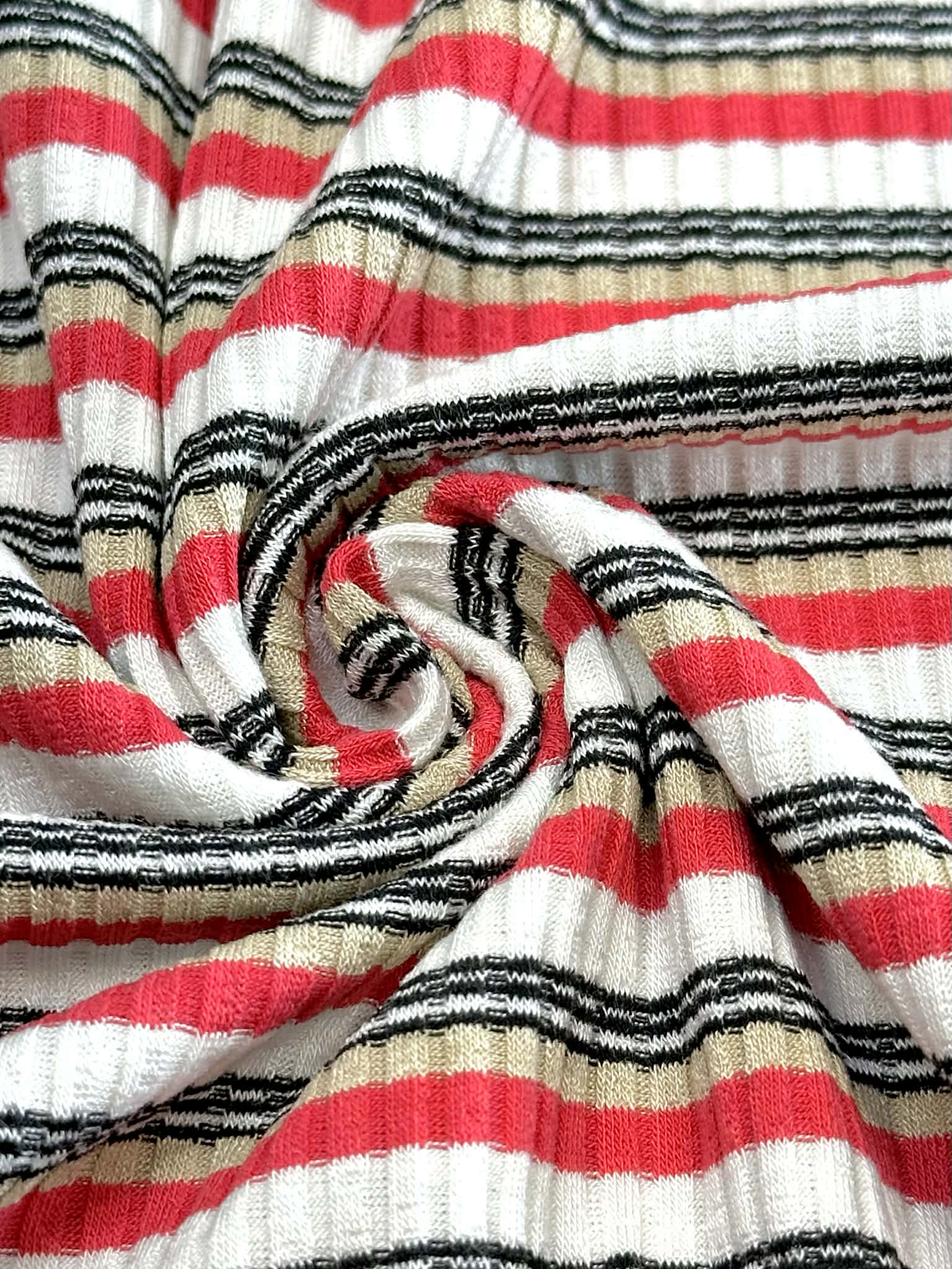 (RIB) TAN, RED, AND BLACK STRIPES ON OFF WHITE