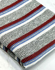 (SWEATER RIB) BURGUNDY, BLUE, AND OFF WHITE STRIPES ON HEATHER GRAY