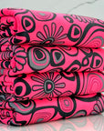 (DBP) SILVER, BLACK RETRO FLOWERS AND CIRCLES ON NEON PINK