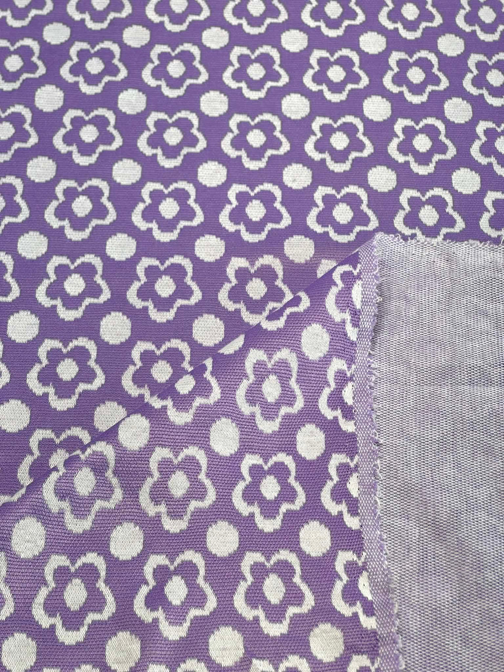 (DOUBLE KNIT) WHITE FLOWERS ON LAVENDER