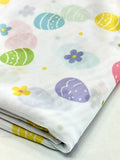 (MESH) PASTEL COLOR EGGS AND TINY FLOWERS ON OFF WHITE