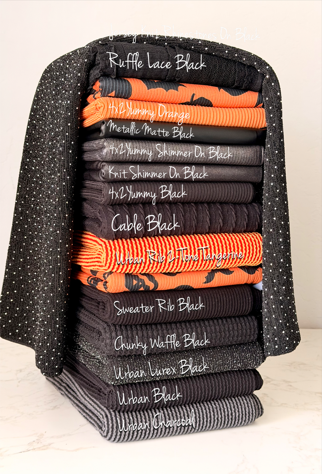 (4X2 YUMMY RIB) BLACK PUMPKINS AND BLACK BATS ON ORANGE