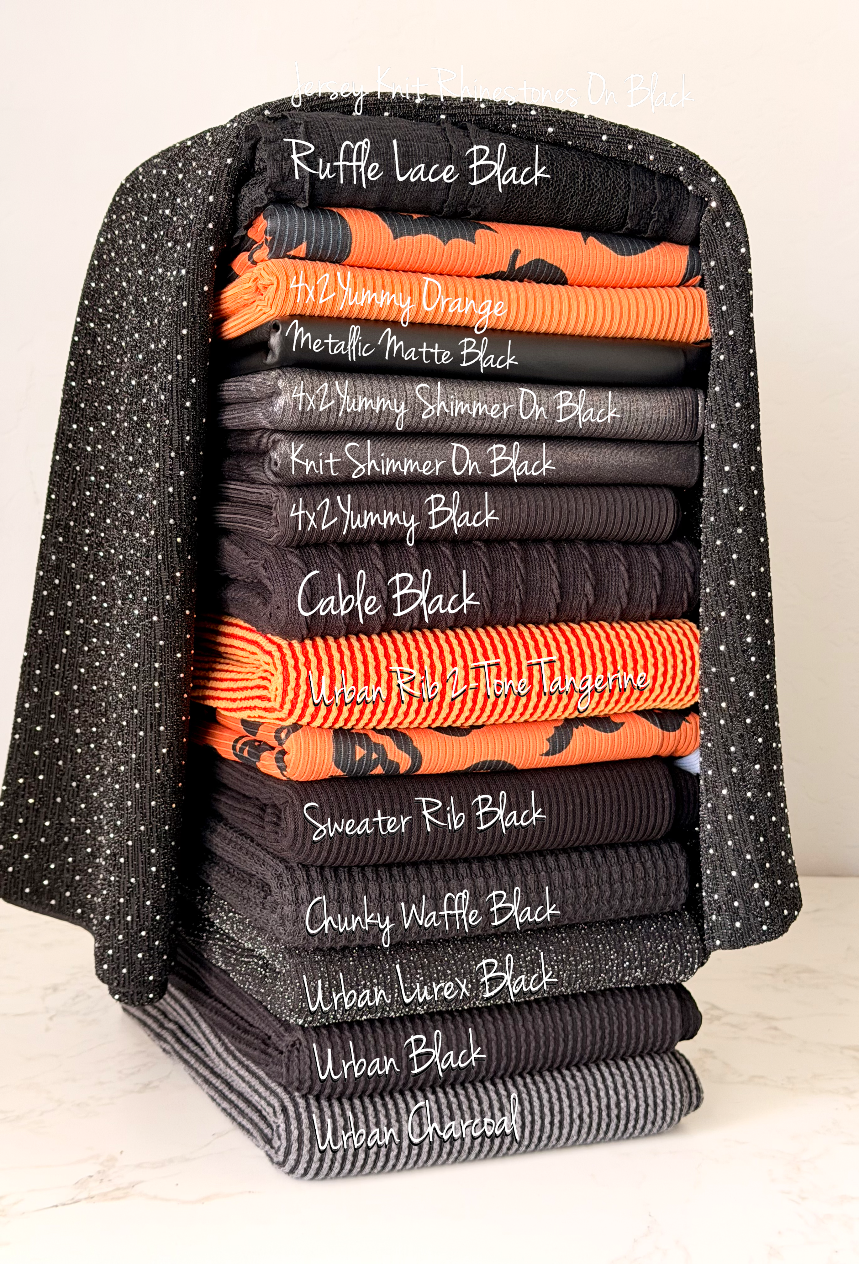 (4X2 YUMMY RIB) BLACK PUMPKINS AND BLACK BATS ON ORANGE