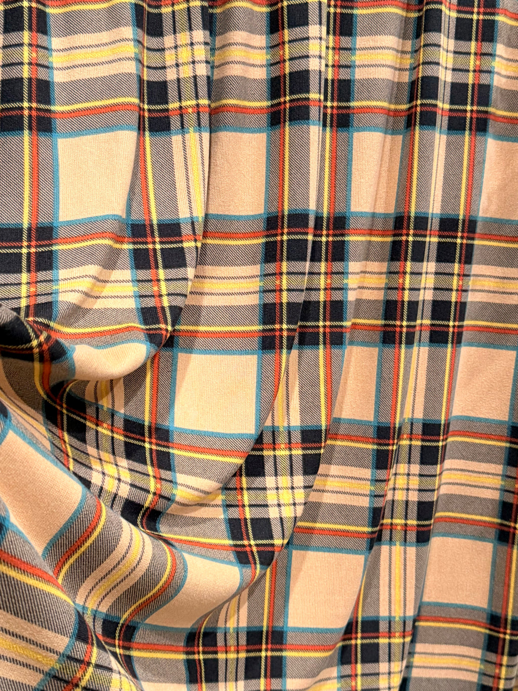 (SWEATER KINT/OAKLEY) YELLOW, TEAL, RUST AND BLACK PLAID ON TAN
