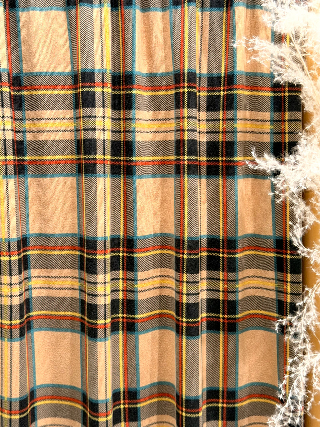 (SWEATER KINT/OAKLEY) YELLOW, TEAL, RUST AND BLACK PLAID ON TAN