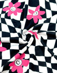 (YUMMY RIB) PINK, WHITE HAPPY FACE FLOWERS ON BLACK CHECKERED WAVE