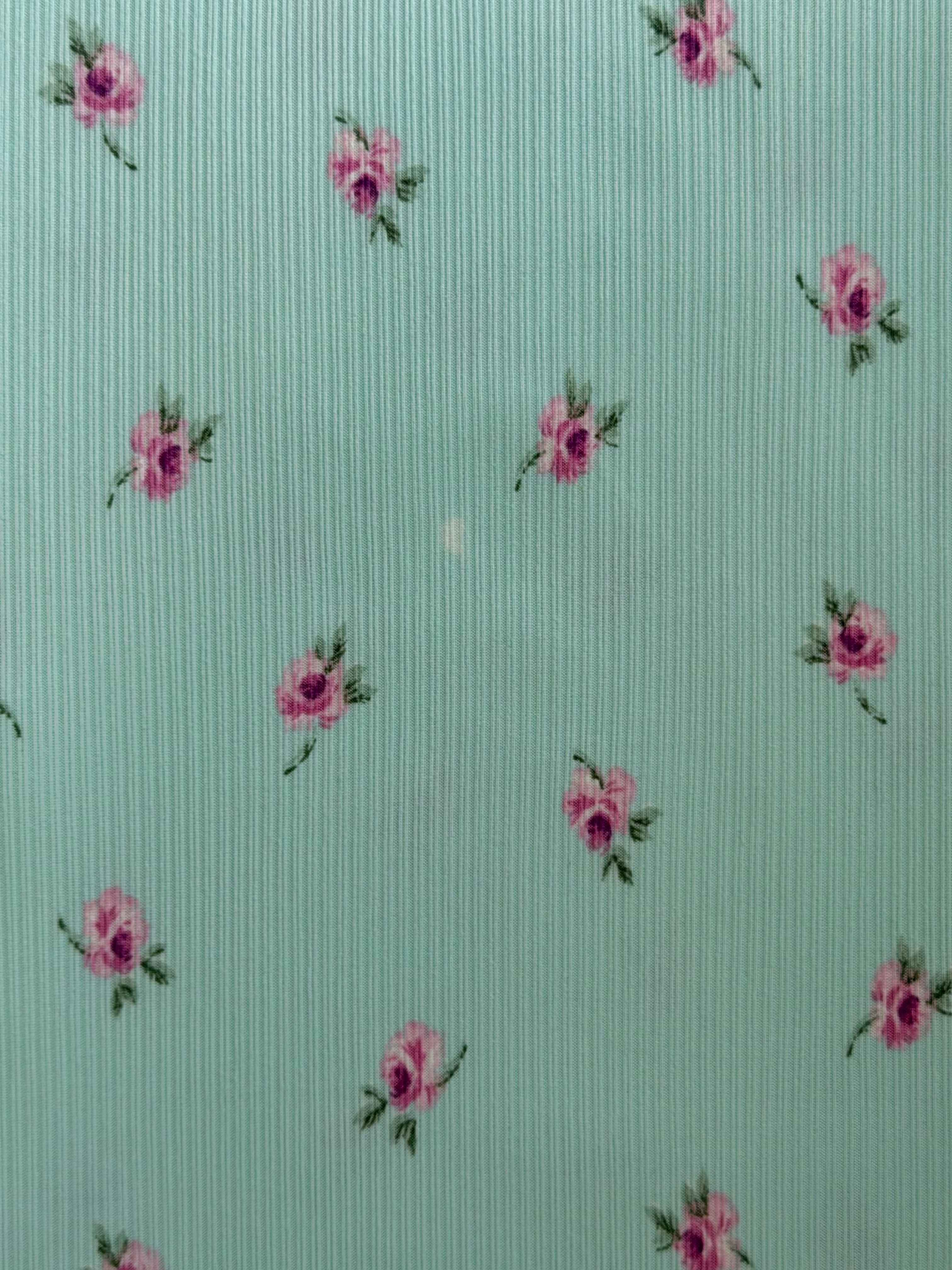 (4X2 RIB) PINK FLOWERS ON LIGHT MINT