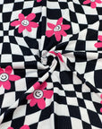 (YUMMY RIB) PINK, WHITE HAPPY FACE FLOWERS ON BLACK CHECKERED WAVE