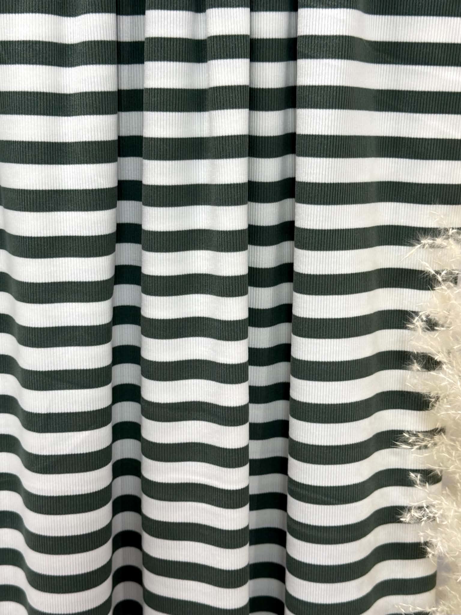 (2X2 COTTON FEEL RIB) GREEN AND OFF WHITE STRIPES