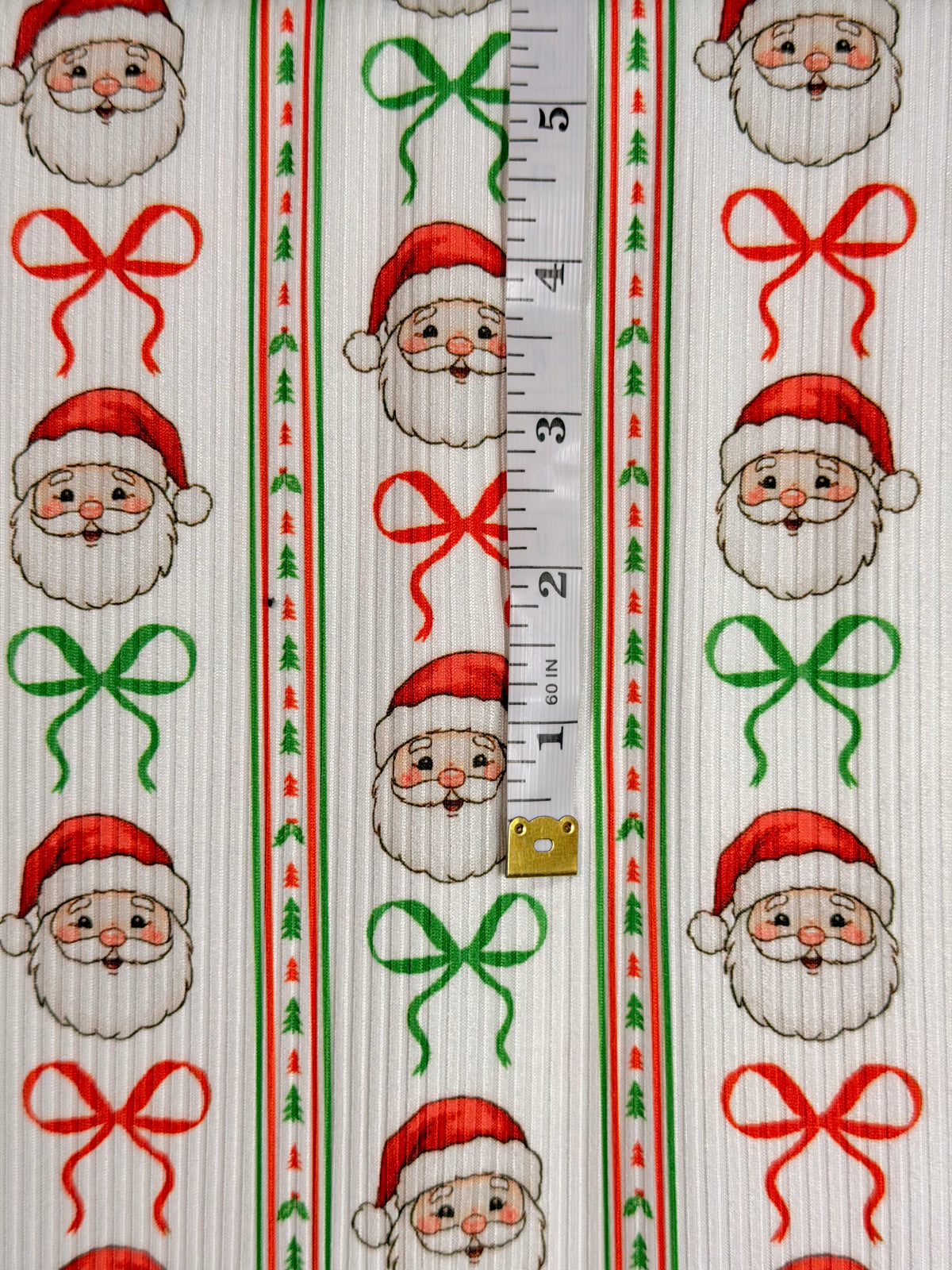 (4x2 YUMMY RIB) SANTA CLAUS AND BOWS PATTERN ON OFF WHITE