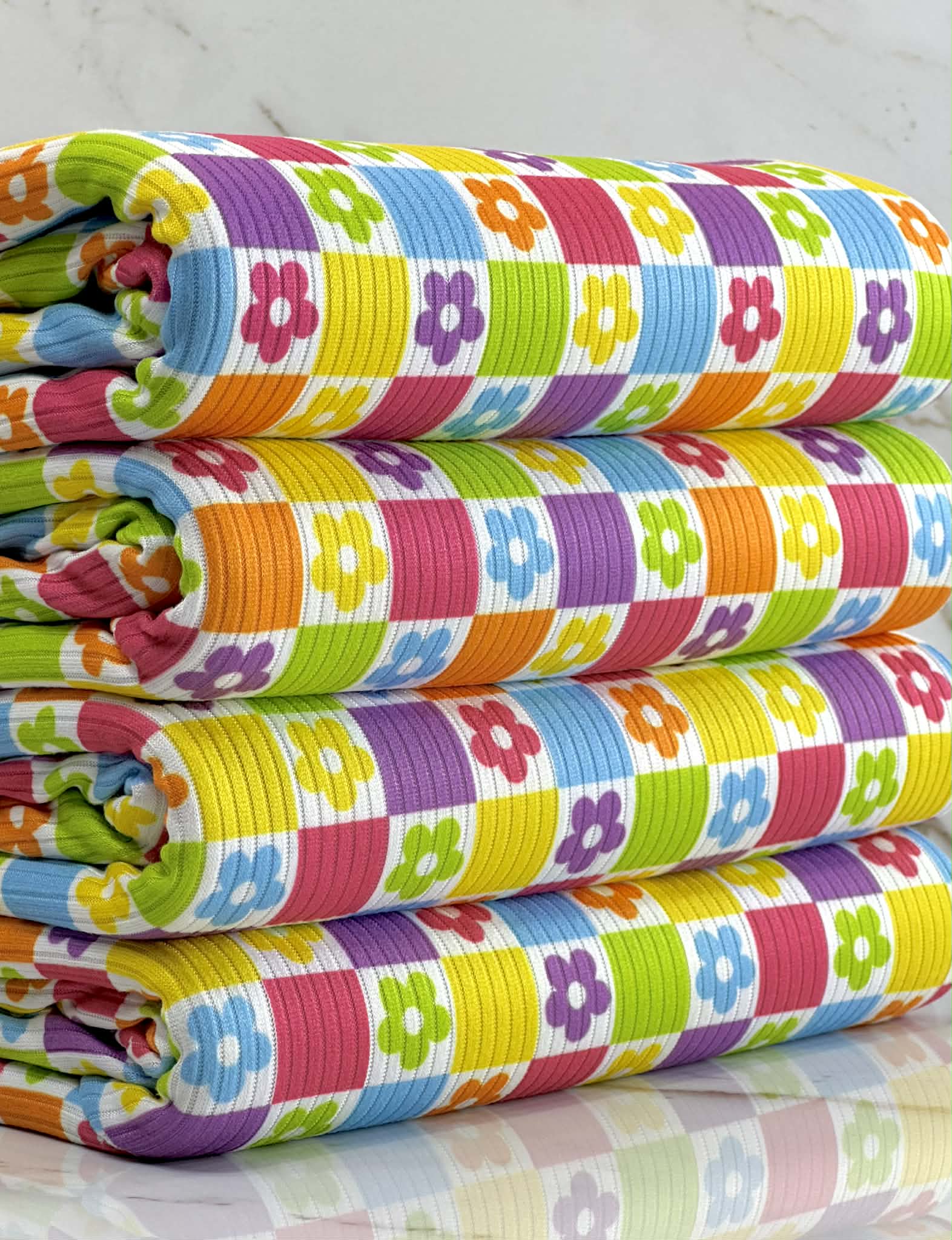 (4X2 YUMMY RIB) BRIGHT COLORFUL FLOWERS AND CHECKERED PATTERN