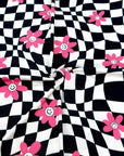 (YUMMY RIB) PINK, WHITE HAPPY FACE FLOWERS ON BLACK CHECKERED WAVE