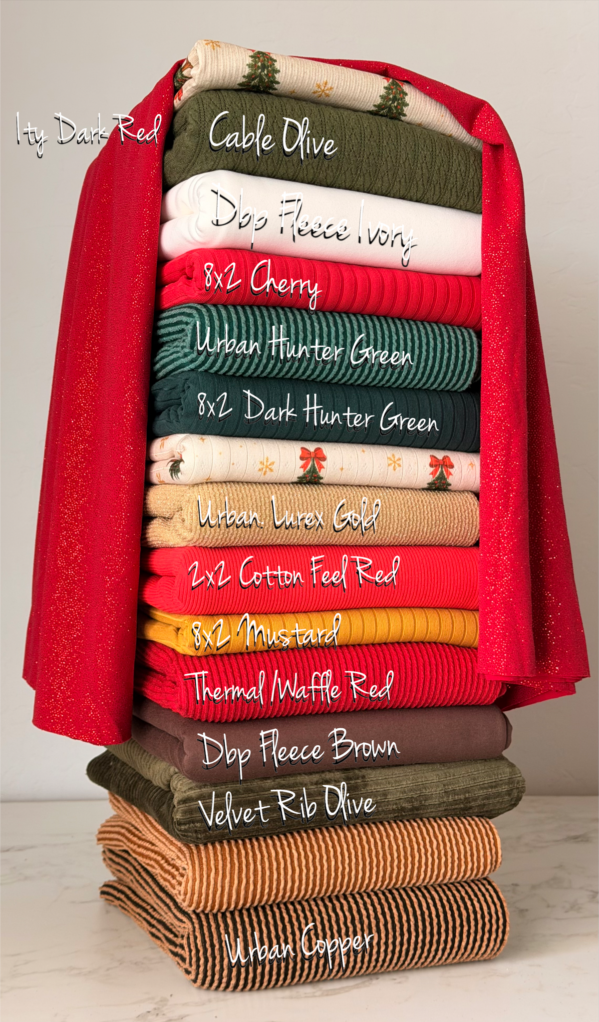 (POINTELLE RIB) CHRISTMAS TREE RED BOWS ON SHIMMER OFF WHITE