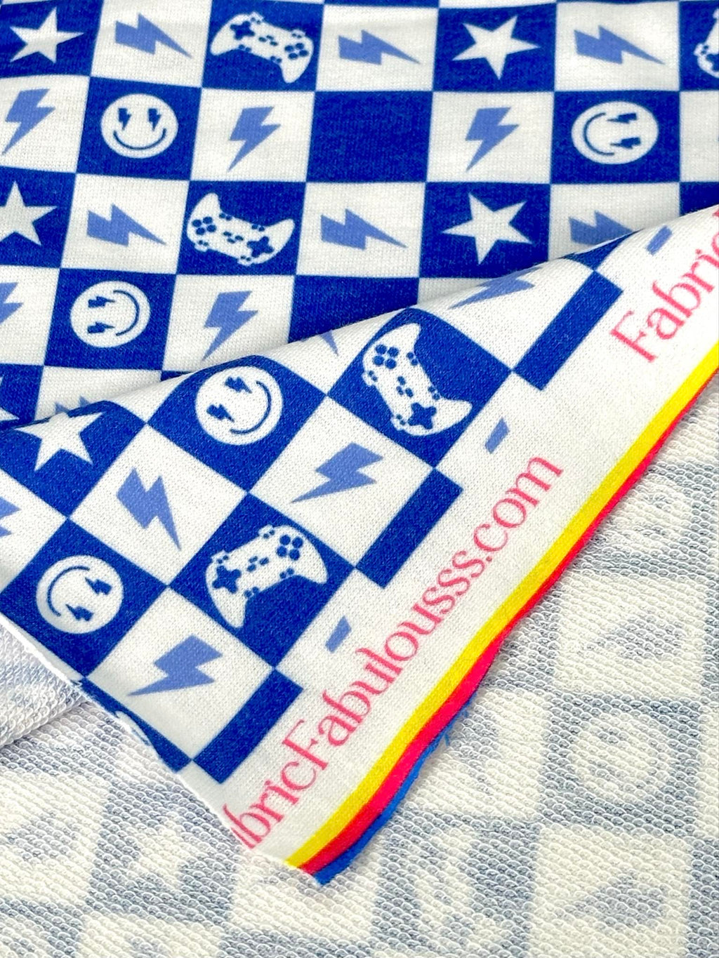 (FRENCH TERRY) ROYAL BLUE GAMER AND HAPPY FACES CHECKERED PRINT (2)