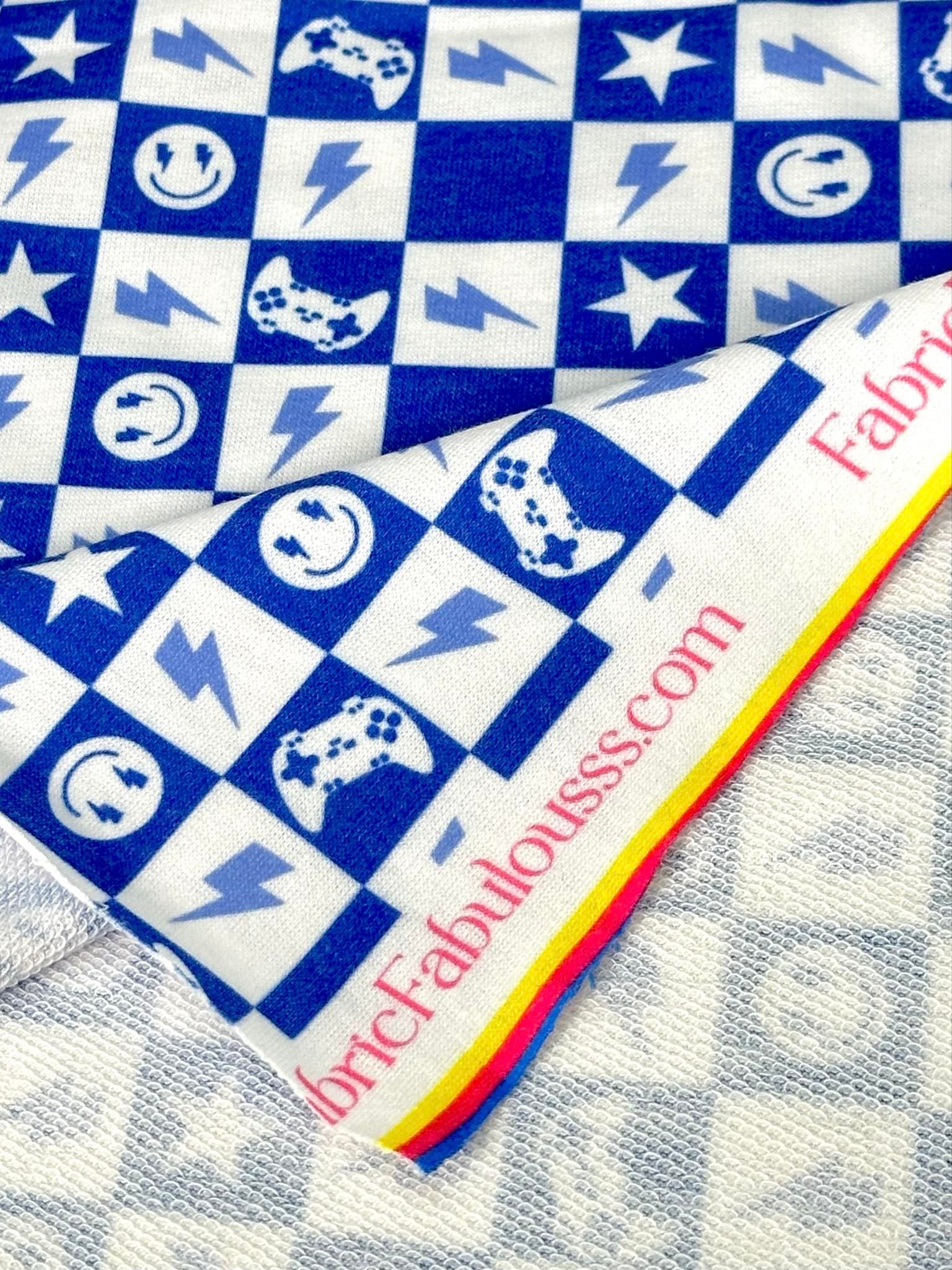 (FRENCH TERRY) ROYAL BLUE GAMER AND HAPPY FACES CHECKERED PRINT