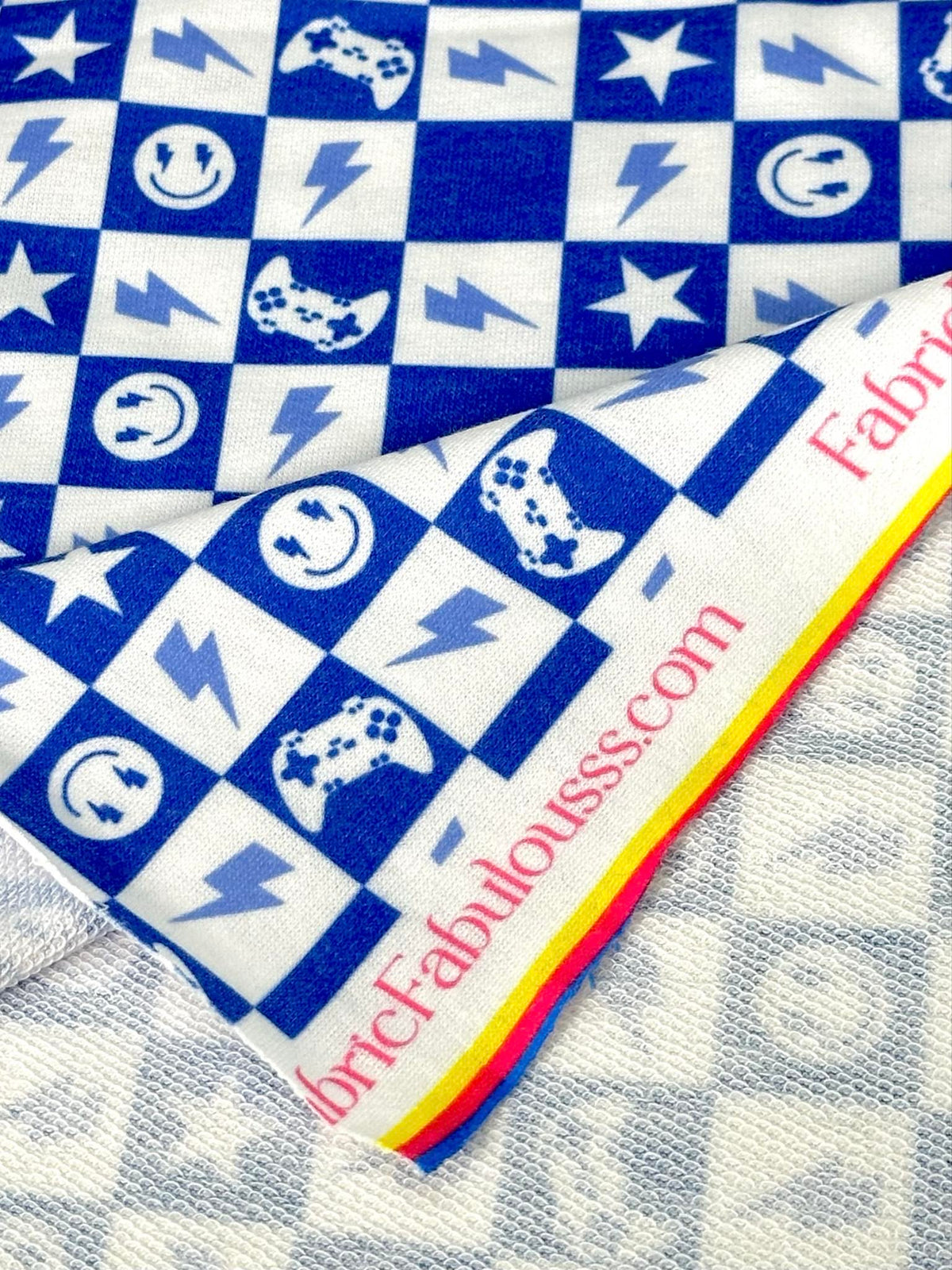(FRENCH TERRY) ROYAL BLUE GAMER AND HAPPY FACES CHECKERED PRINT (2)