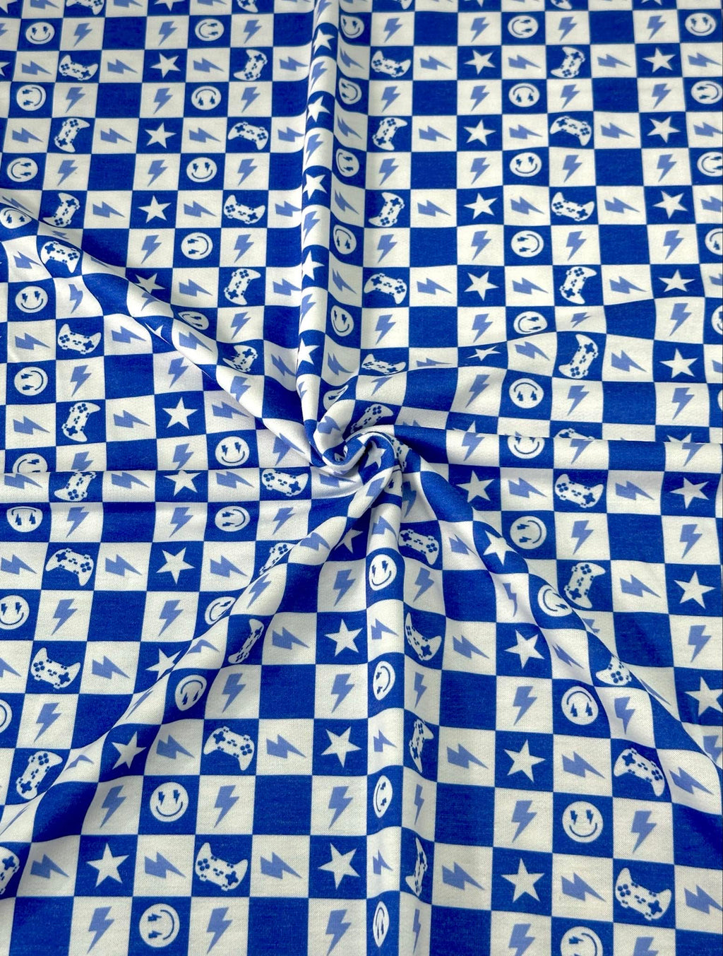 (FRENCH TERRY) ROYAL BLUE GAMER AND HAPPY FACES CHECKERED PRINT (2)