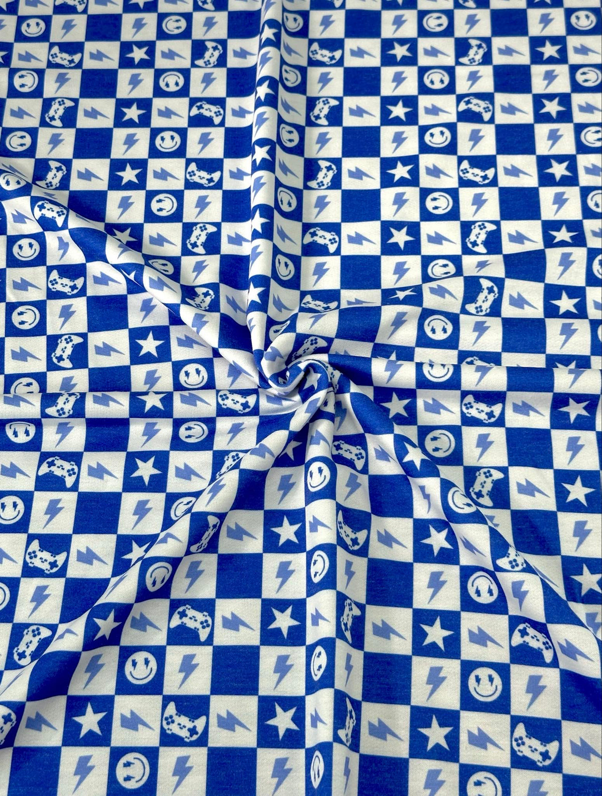(FRENCH TERRY) ROYAL BLUE GAMER AND HAPPY FACES CHECKERED PRINT (2)